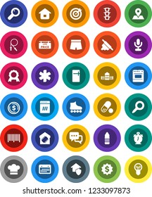 White Solid Icon Set- cook hat vector, rolling pin, school building, alarm clock, medal, magnifier, dollar coin, jump rope, shorts, roller Skates, pills, water bottle, map, traffic light, calendar