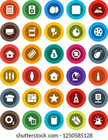 White Solid Icon Set- cook hat vector, egg, chicken leg, oil, table lamp, money bag, man, stopwatch, sports nutrition, no fastfood, oxygen, truck trailer, consolidated cargo, tulip, barrel, antenna