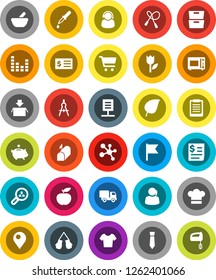 White Solid Icon Set- cook hat vector, microwave oven, drawing compass, clipboard, archive, flag, leaf, cart, piggy bank, receipt, tie, diet, jump rope, boxing glove, t shirt, molecule, support, pin