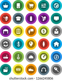 White Solid Icon Set- cook hat vector, thermometer, dish, blackboard, clipboard, dollar coin, pie graph, cart, man, medal, snickers, water bottle, cargo, package, mobile phone, headphones, pregnancy