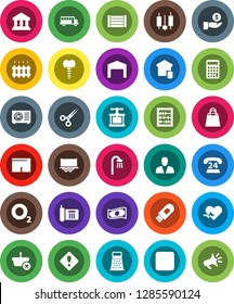 White Solid Icon Set- cook press vector, grater, school bus, abacus, bank, japanese candle, cash, investment, calculator, shorts, oxygen, phone, 24, truck trailer, wood box, pause button, scissors
