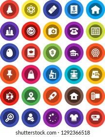 White Solid Icon Set- cook press vector, cookbook, spices, egg, student, atom, bell, schedule, target, t shirt, map pin, camera, video, classic phone, thumbtack, patch, disconnection, usb modem, web
