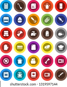 White Solid Icon Set- cook hat vector, apron, glove, timer, press, ladle, cutting board, grater, toaster, double boiler, cookbook, blender, cereal, pasta, steak, chicken leg, pills vial, cereals