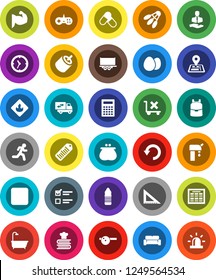 White Solid Icon Set- cookbook vector, egg, corner ruler, backpack, calculator, schedule, exam, muscule hand, pills, water bottle, shuttlecock, run, navigator, client, truck trailer, clock, barcode