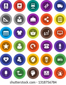 White Solid Icon Set- cookbook vector, cereal, corner ruler, school bus, personal information, cash, calendar, clipboard, t shirt, molecule, water bottle, heart cross, phone, package, big scales