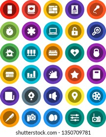 White Solid Icon Set- cookbook vector, egg, copybook, pen, notebook pc, personal information, graph, stopwatch, consolidated cargo, weight, film spool, newspaper, speaker, ambulance star, server