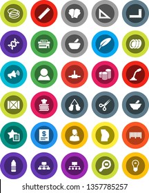 White Solid Icon Set- cookbook vector, plates, pen, corner ruler, coin stack, hierarchy, buttocks, boxing glove, water bottle, hoop, wood box, cargo search, loudspeaker, dna, scissors, mortar, mall
