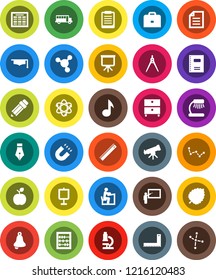 White Solid Icon Set- copybook vector, graduate hat, pen, pencil, blackboard, corner ruler, drawing compass, student, case, apple fruit, atom, telescope, microscope, bell, table lamp, schedule, leaf