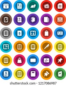 White Solid Icon Set- copybook vector, pen, clipboard, paper pin, certificate, document, check, annual report, binder, dollar calendar, fitness mat, money, receipt, newspaper, thumbtack, mail, plan