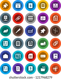 White Solid Icon Set- copybook vector, pen, clipboard, paper pin, certificate, document, constellation, exam, cash, check, annual report, dollar calendar, fitness mat, receipt, mail, network, plan