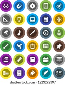 White Solid Icon Set- copybook vector, pen, pencil, school building, corner ruler, glasses, backpack, atom, telescope, table lamp, calculator, notebook pc, schedule, clipboard, paper pin, compass