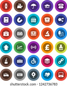 White Solid Icon Set- copybook vector, microscope, magnet, graph, arrow up, pound, heart monitor, money, phone, umbrella, social media, doctor bag, disabled, pulse, flask, amkbulance car, big data