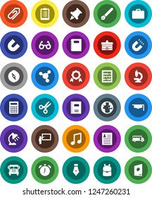 White Solid Icon Set- copybook vector, graduate hat, pen, university, blackboard, glasses, case, backpack, table lamp, calculator, alarm clock, paper pin, compass, medal, magnet, scissors, abacus