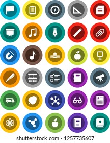 White Solid Icon Set- copybook vector, pen, school building, corner ruler, glasses, apple fruit, atom, telescope, compass, magnet, bus, presentation, music, document, personal information, molecule