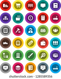 White Solid Icon Set- copybook vector, pen, clipboard, cart, wallet, hierarchy, snickers, support, clock, sorting, cargo search, barcode, group, diagnostic monitor, server, big data, router, mailbox