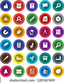 White Solid Icon Set- copybook vector, pen, school building, corner ruler, drawing compass, student, backpack, bell, table lamp, calculator, paper pin, medal, magnet, scissors, bus, music, document