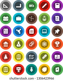 White Solid Icon Set- copybook vector, pen, pencil, corner ruler, case, backpack, atom, bell, notebook pc, clipboard, paper pin, award cup, certificate, school bus, document, personal information