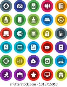 White Solid Icon Set- copybook vector, notebook pc, world, annual report, calculator, man, settings, video camera, mobile phone, monitor, speaker, globe, barn, lock, cushioned furniture, fireplace
