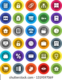 White Solid Icon Set- copybook vector, calculator, abacus, presentation, archive, pie graph, cart, laptop, case, phone 24, clock, port, document, eye, diagnostic monitor, hub, mail, hierarchy, store