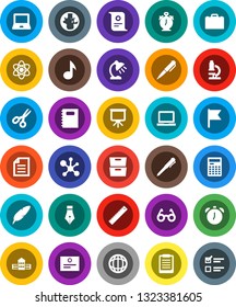White Solid Icon Set- copybook vector, pen, school building, ruler, glasses, case, atom, microscope, table lamp, calculator, notebook pc, alarm clock, clipboard, certificate, scissors, presentation