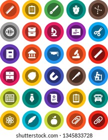 White Solid Icon Set- copybook vector, graduate hat, pen, ruler, student, apple fruit, atom, microscope, alarm clock, schedule, clipboard, certificate, magnet, scissors, school bus, world, archive
