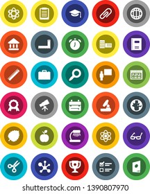 White Solid Icon Set- copybook vector, graduate hat, school building, blackboard, corner ruler, glasses, case, backpack, apple fruit, atom, telescope, microscope, table lamp, alarm clock, schedule
