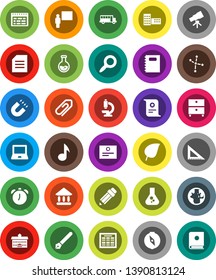White Solid Icon Set- copybook vector, pen, university, pencil, school building, blackboard, corner ruler, telescope, notebook pc, alarm clock, schedule, compass, certificate, magnet, bus, music