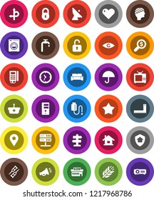 White Solid Icon Set- corner ruler vector, money search, cereals, route, signpost, clock, umbrella, satellite antenna, heart, eye, crutches, drop counter, head bandage, network server, lock, pin, tv