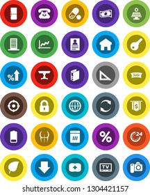 White Solid Icon Set- corner ruler vector, personal information, leaf, graph, cash, percent growth, binder, arrow down, dollar flag, buttocks, pills, first aid kit, phone, tv, internet, battery