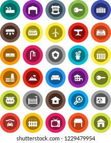 White Solid Icon Set- cottage vector, pool, windmill, mountain, garage, barn, fence, sale signboard, rent, low price, client search, key, crib, table, bath, cushioned furniture, heating, tv, factory