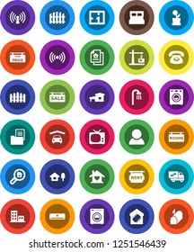 White Solid Icon Set- cottage vector, chalet, garage, fence, plan, estate document, sale signboard, rent, rooms, low price, apartments, search, consumer, bath, washer, relocation truck, love home