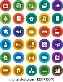 White Solid Icon Set- cottage vector, chalet, pool, solar panel, water supply, estate document, rent signboard, low price, consumer, unlock, bath, washer, cushioned furniture, relocation truck, tv