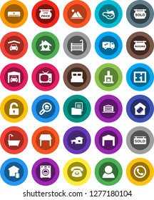 White Solid Icon Set- cottage vector, pond, mountain, garage, barn, plan, estate document, rooms signboard, sold, low price, office building, search, consumer, unlock, crib, table, bath, washer, tv