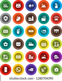 White Solid Icon Set- cottage vector, chalet, pond, pool, solar panel, mountain, garage, estate document, sale signboard, rent, rooms, low price, apartments, love home, heating, air conditioner
