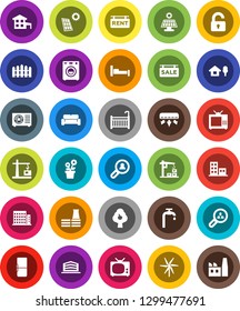 White Solid Icon Set- cottage vector, chalet, solar panel, windmill, water supply, fruit tree, fence, sale signboard, rent, apartments, office building, client search, unlock, crib, washer, fridge