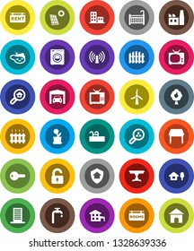 White Solid Icon Set- cottage vector, chalet, pond, pool, solar panel, windmill, water supply, fruit tree, garage, fence, rent signboard, rooms, apartments, search estate, client, key, unlock, crib