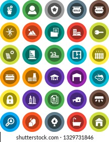 White Solid Icon Set- cottage vector, pond, pool, solar panel, windmill, fruit tree, mountain, barn, plan, estate document, rooms signboard, sold, apartments, office building, client search, key