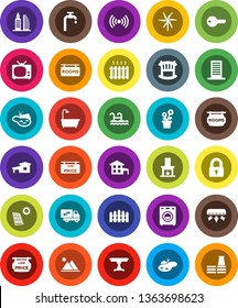 White Solid Icon Set- cottage vector, pond, pool, solar panel, windmill, water supply, mountain, fence, rooms signboard, low price, office building, key, lock, crib, table, bath, washer, fireplace