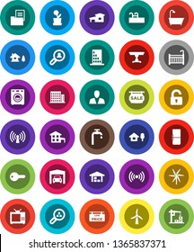 White Solid Icon Set- cottage vector, chalet, pool, windmill, water supply, garage, barn, estate document, sale signboard, low price, apartments, client search, consumer, key, unlock, crib, table