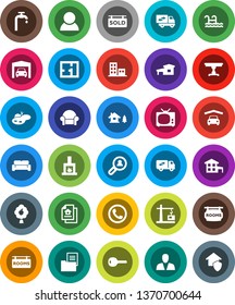 White Solid Icon Set- cottage vector, chalet, pond, pool, water supply, fruit tree, garage, plan, estate document, rooms signboard, sold, apartments, client search, consumer, key, table, fireplace