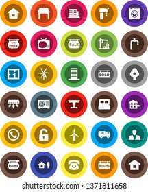 White Solid Icon Set- cottage vector, chalet, windmill, water supply, fruit tree, plan, sale signboard, rooms, sold, low price, apartments, consumer, unlock, table, washer, relocation truck, tv