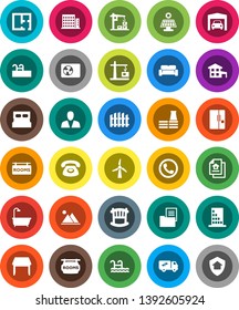 White Solid Icon Set- cottage vector, pool, solar panel, windmill, mountain, garage, fence, plan, estate document, rooms signboard, apartments, consumer, crib, table, bath, cushioned furniture