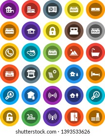White Solid Icon Set- cottage vector, chalet, pond, pool, solar panel, mountain, barn, sale signboard, rent, rooms, sold, low price, apartments, client search, lock, unlock, crib, bath, fridge