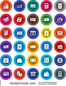 White Solid Icon Set- credit card vector, cash, coin stack, check, receipt, dollar calendar, money, wallet, reader, tap pay