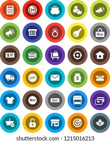 White Solid Icon Set- credit card vector, wallet, money bag, sale, new, open, 24 hour, market, store, mall, customer, target, buy, receipt, basket, home, calculator, trolley, delivery, mail, unlock
