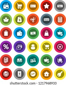 White Solid Icon Set- credit card vector, wallet, cash, star, money bag, sale, open, closed, 24 hour, shopping, percent, mall, support, reader, basket, cart, home, calculator, trolley, mail, check