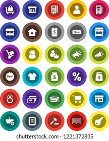 White Solid Icon Set- credit card vector, money bag, new, open, percent, market, store, mall, customer, support, barcode, reader, receipt, basket, cart, home, shopping list, auction, trolley