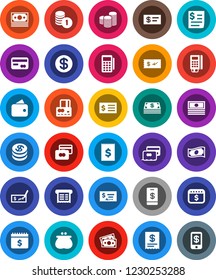 White Solid Icon Set- credit card vector, cash, coin stack, check, receipt, dollar calendar, money, wallet, reader, tap pay