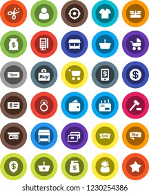 White Solid Icon Set- credit card vector, dollar coin, wallet, money bag, sale, new, open, market, customer, support, target, buy, reader, basket, cart, auction, mail, check, tap pay, coupon, shield