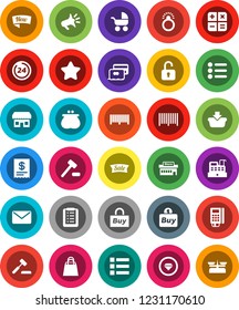 White Solid Icon Set- credit card vector, wallet, star, sale, new, 24 hour, shopping bag, store, mall, buy, barcode, reader, cashbox, receipt, basket, list, calculator, auction, mail, loudspeaker